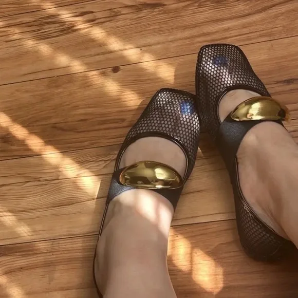 New Fishnet Mesh Ballet Flats Gold Metallic Buckle NWT Black Slip On Square Toe - Picture 7 of 9